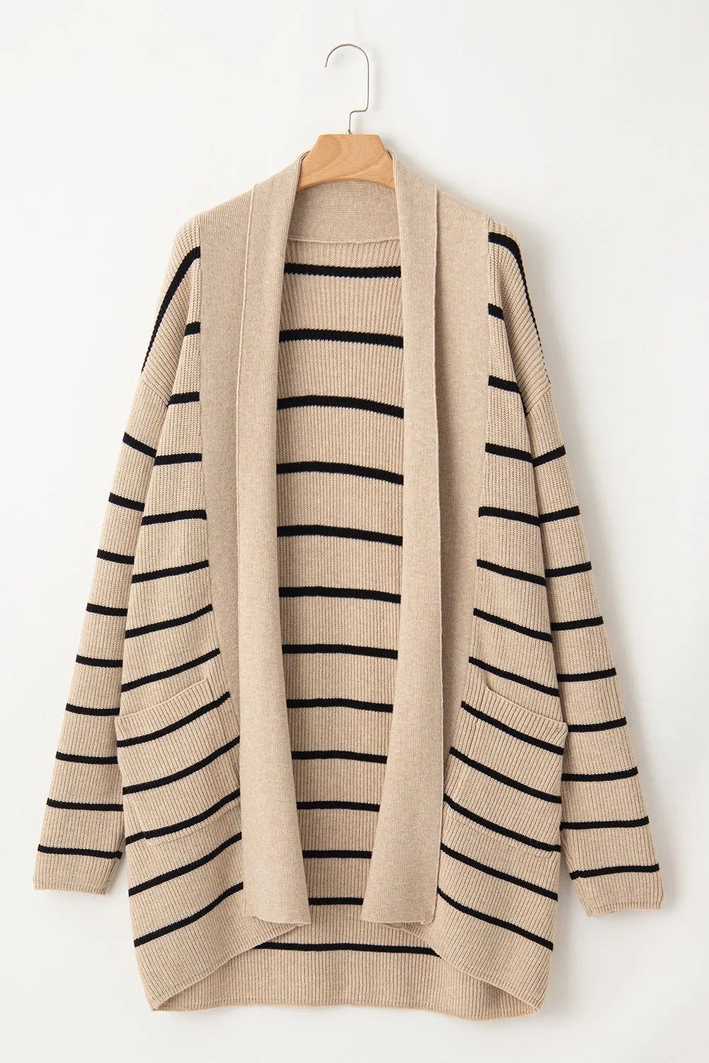 Black Stripe Shawl Neckline Open Cardigan with Pockets - Chic Meadow Boutique 