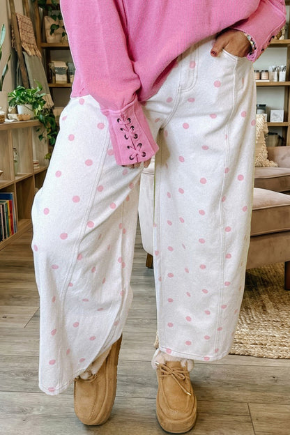 Pink Tailored Seam Polka Dot Print Ankle Length Casual Jeans