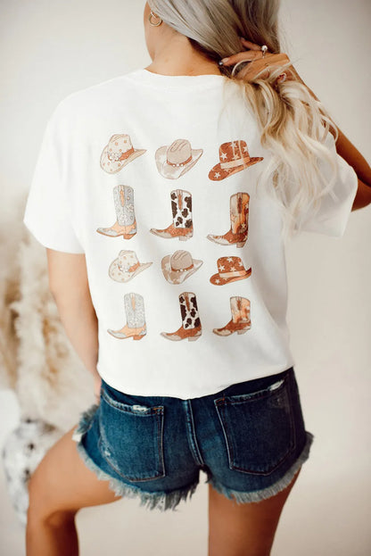 White Double-Side Cowboy Hat & Boots Graphic Tee - Chic Meadow Boutique 