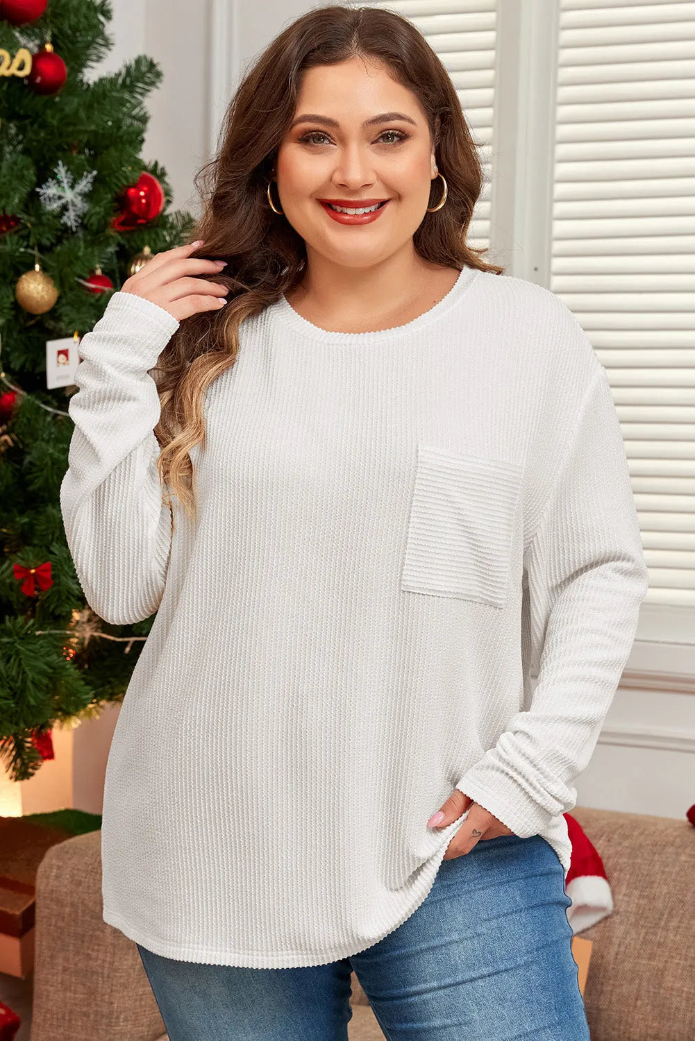 White Plus Size Ribbed Textured Long Sleeve T Shirt - Chic Meadow Boutique 