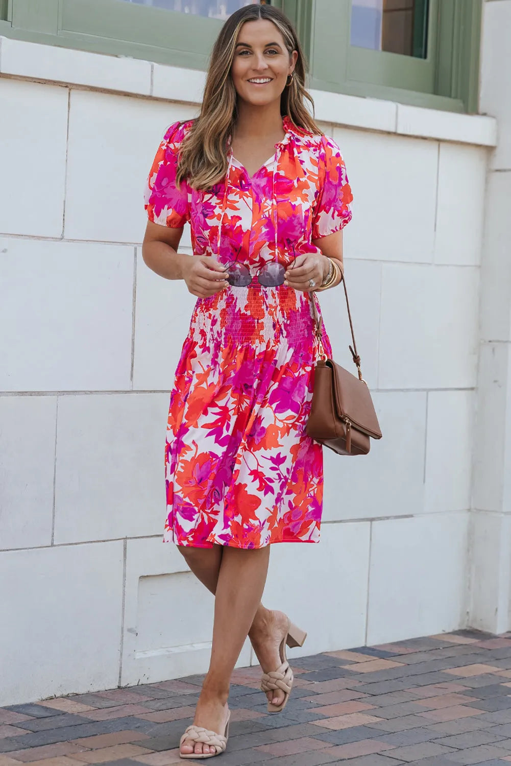 Rose Floral Smocked Waist Bubble Sleeve Flare Dress - Chic Meadow Boutique 