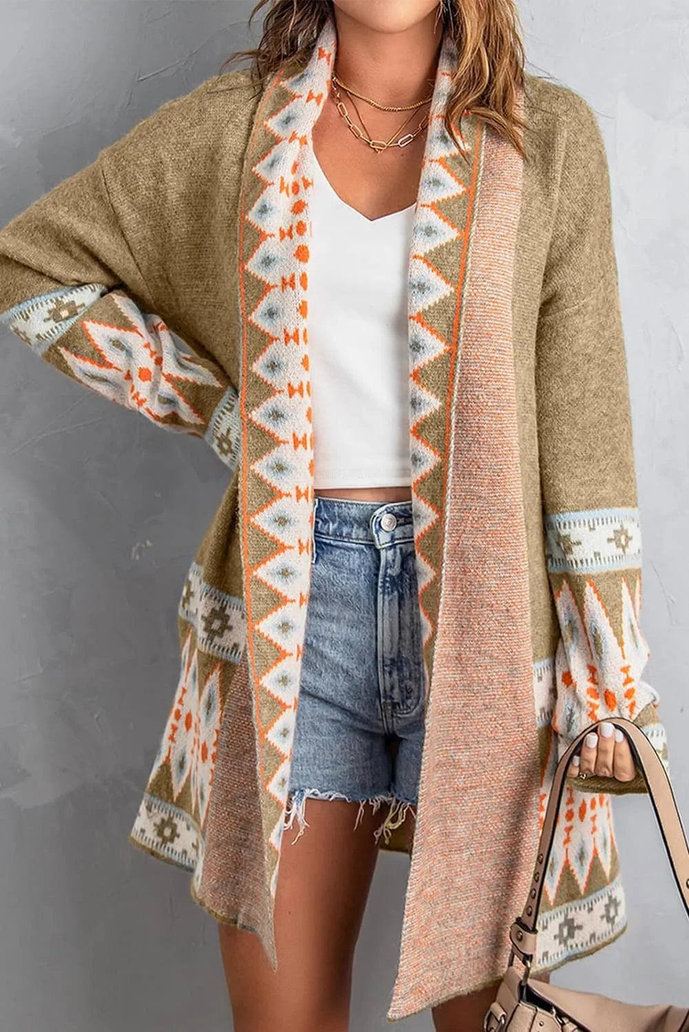 Khaki Aztec Print Open Front Knitted Cardigan | Chic Meadow – Chic