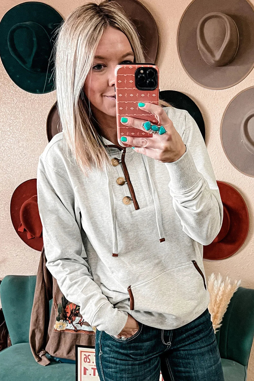 Beige Drawstring Kangaroo Pocket Henley Hoodie - Chic Meadow Boutique 