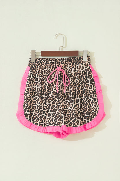 Khaki Leopard Print Contrast Ruffle Trim Shorts
