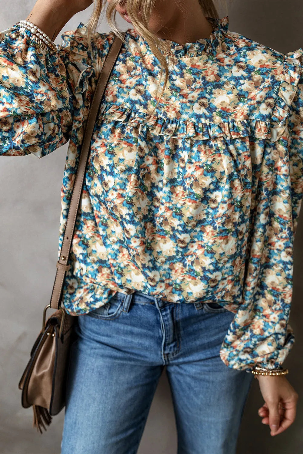 Sky Blue Floral Print Frilled Mock Neck Puff Sleeve Blouse - Chic Meadow Boutique 