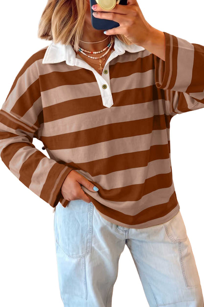 Brown Stripe Contrast Polo Collar Bracelet Sleeve Loose Top