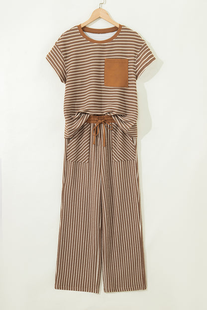 Khaki Stripe Crew Neck Tee Drawstring Waist Cropped Pants Set