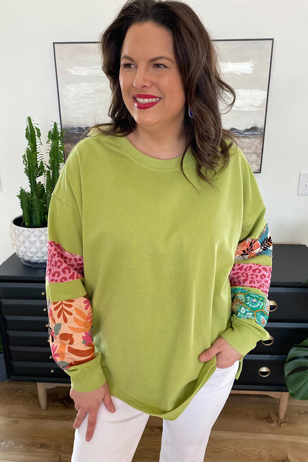 Green Plus Size Printed Patchwork Sleeve Split Sweatshirt - Chic Meadow Boutique 