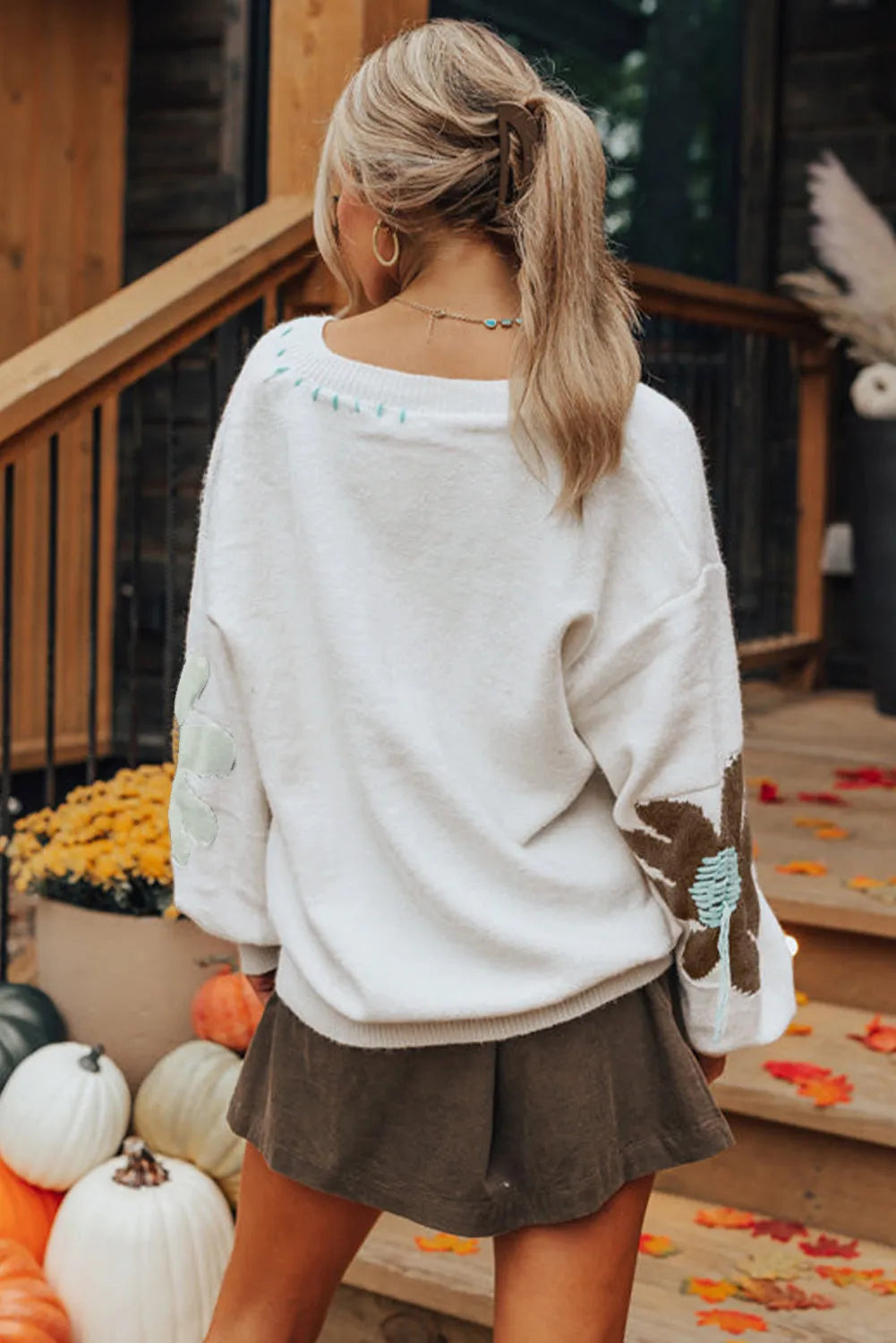 White Big Flower Pattern V Neck Drop Shoulder Sweater - Chic Meadow Boutique 