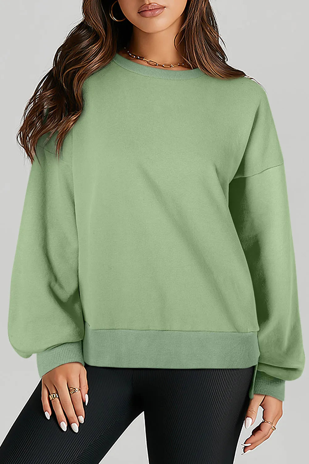 Smoke Green Solid O Neck High Low Hem Pullover Sweatshirt - Chic Meadow Boutique 