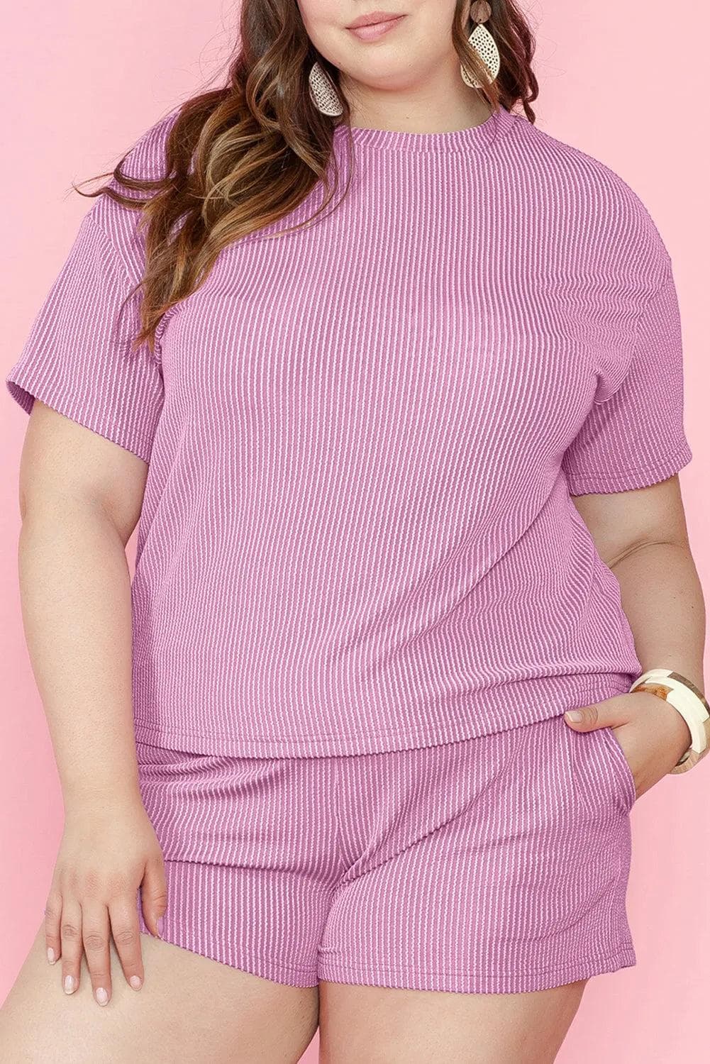 Plus Size/Plus Size Loungewear Phalaenopsis Ribbed Knit T Shirt and Shorts Plus Size Lounge Set