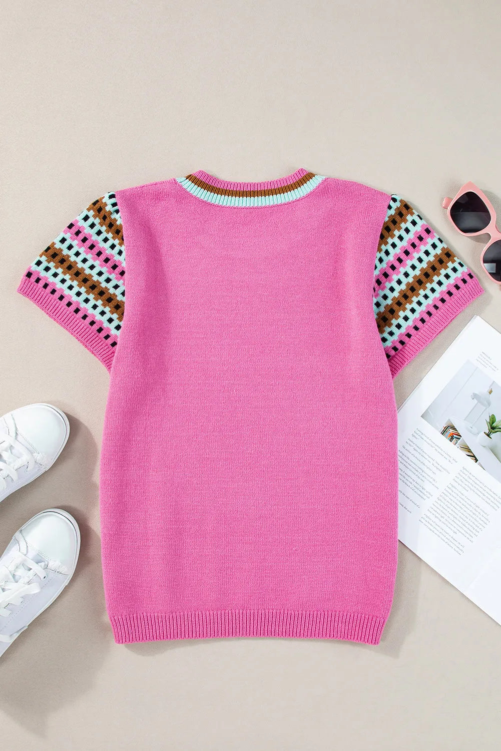 Bright Pink Contrast Printed Cap Sleeves Crewneck Sweater - Chic Meadow Boutique 