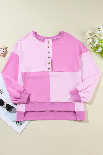 Pink Colorblock Henley High Low Oversize Sweatshirt - Chic Meadow Boutique 