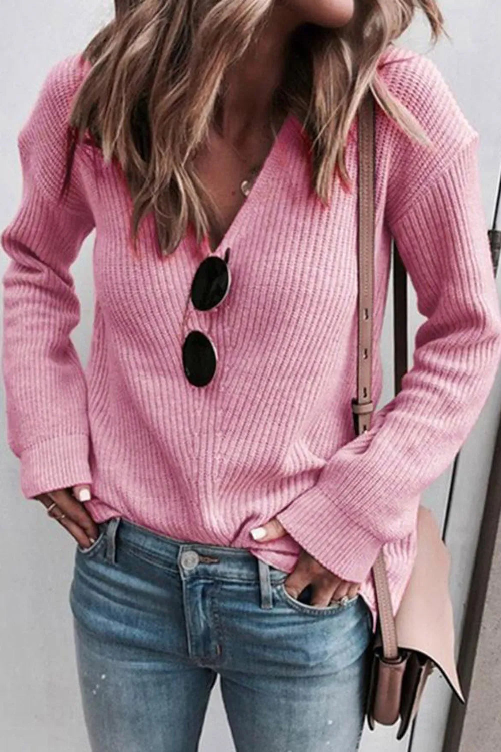 Pink Ribbed Knit V Neck Sweater - Chic Meadow Boutique 