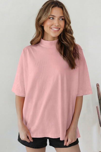 Pink Solid Color High Neck Oversize Tee