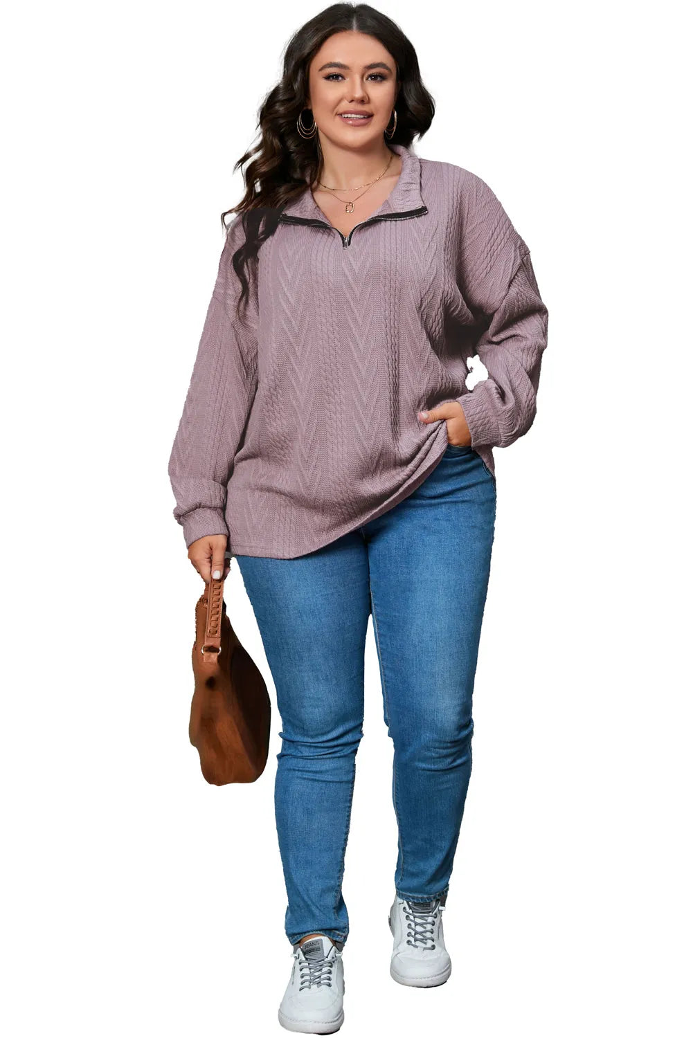 Plus Size Textured Knit Zip Neck Pullover - Chic Meadow Boutique 