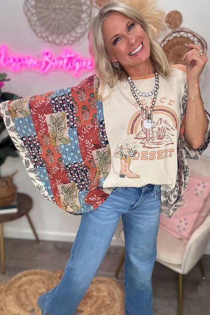 Multicolour Asymmetric Printed Patchwork Sleeve Peace Desert Graphic Top