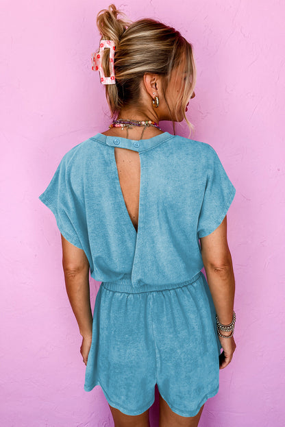 Mist Blue Mineral Wash Drawstring Waist Hollow Out Back Short Sleeve Romper