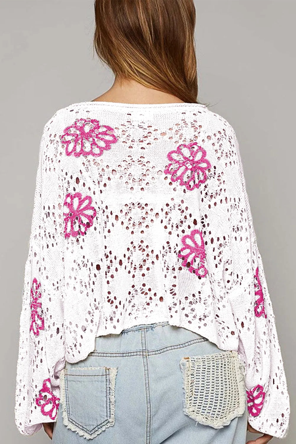 White Contrast Flower Print Eyelet Drop Shoulder Sweater - Chic Meadow Boutique 