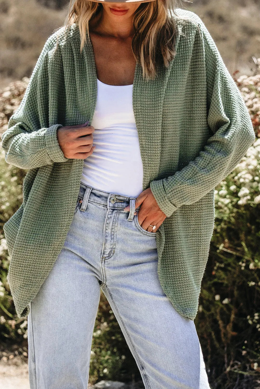 Laurel Green Waffle Knit Open Front Cardigan - Chic Meadow Boutique 