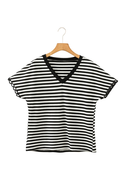 Black Striped Print V Neck Delicate Trim Casual Tee
