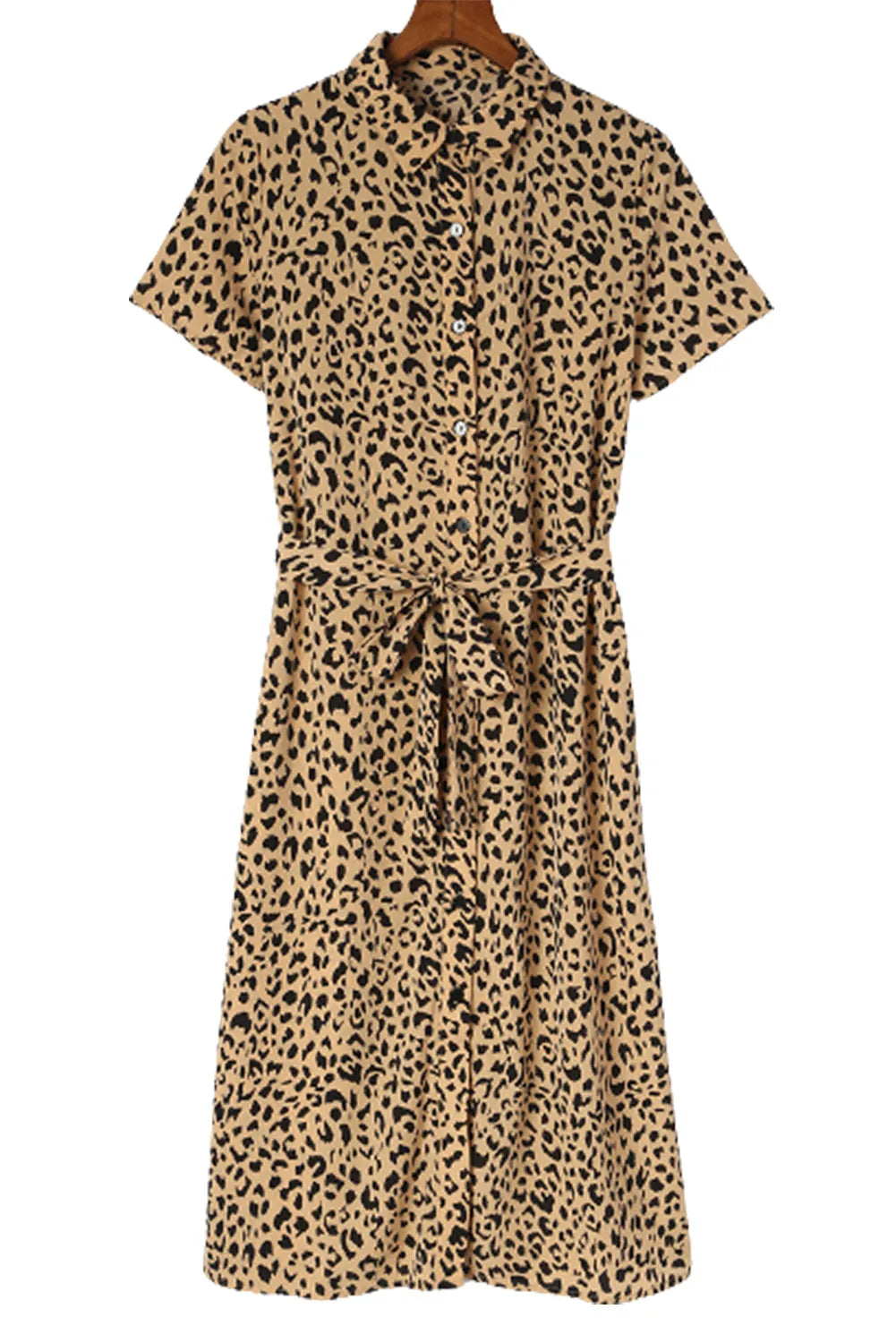 Khaki Leopard Turn-Down Collar Slit Midi Dress - Chic Meadow Boutique 