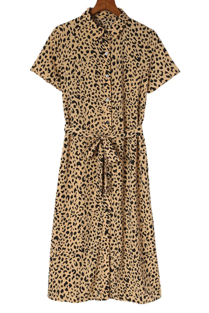 Khaki Leopard Turn-Down Collar Slit Midi Dress - Chic Meadow Boutique 