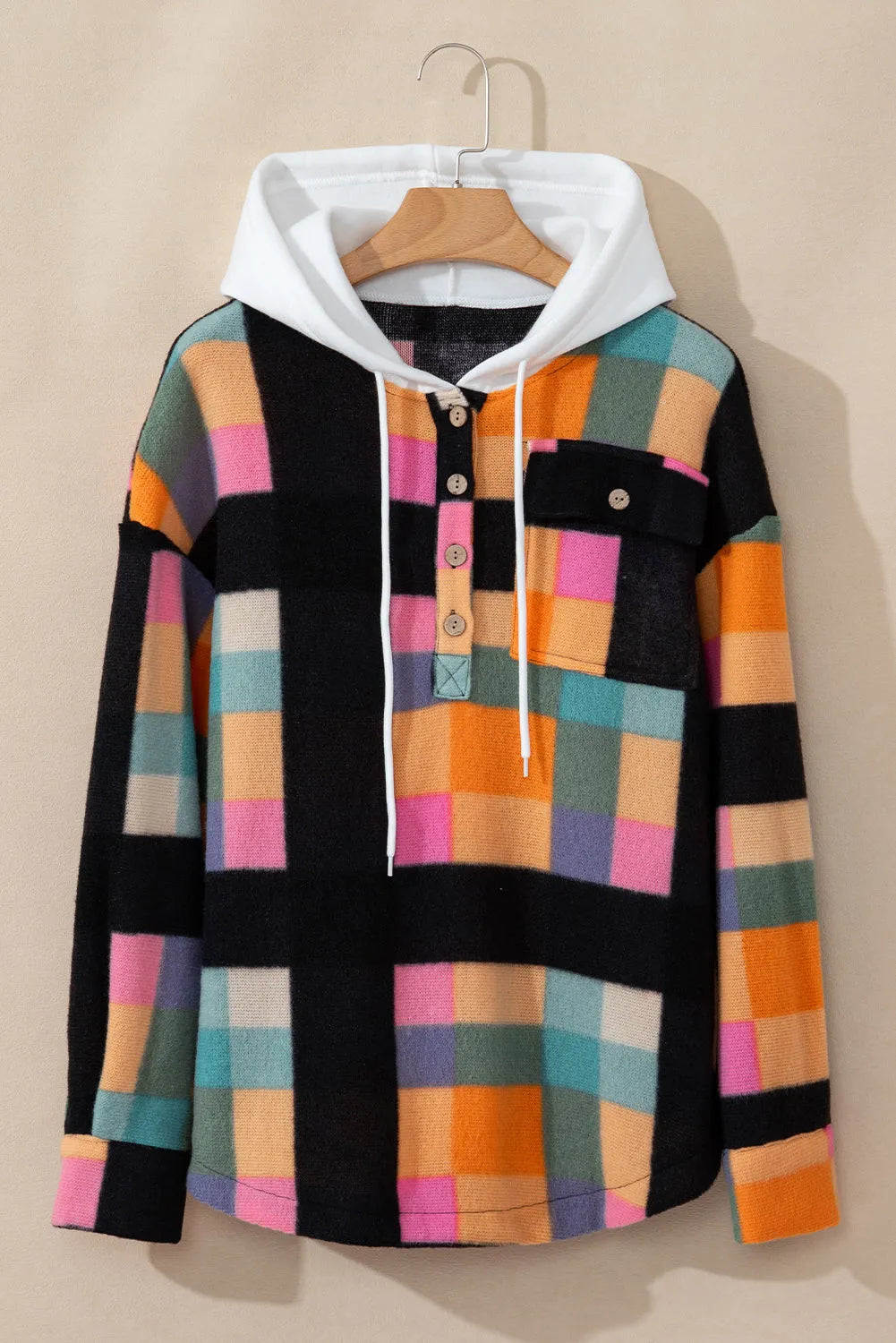 Multicolour Plaid Color Block Flap Pocket Buttoned Hoodie - Chic Meadow Boutique 