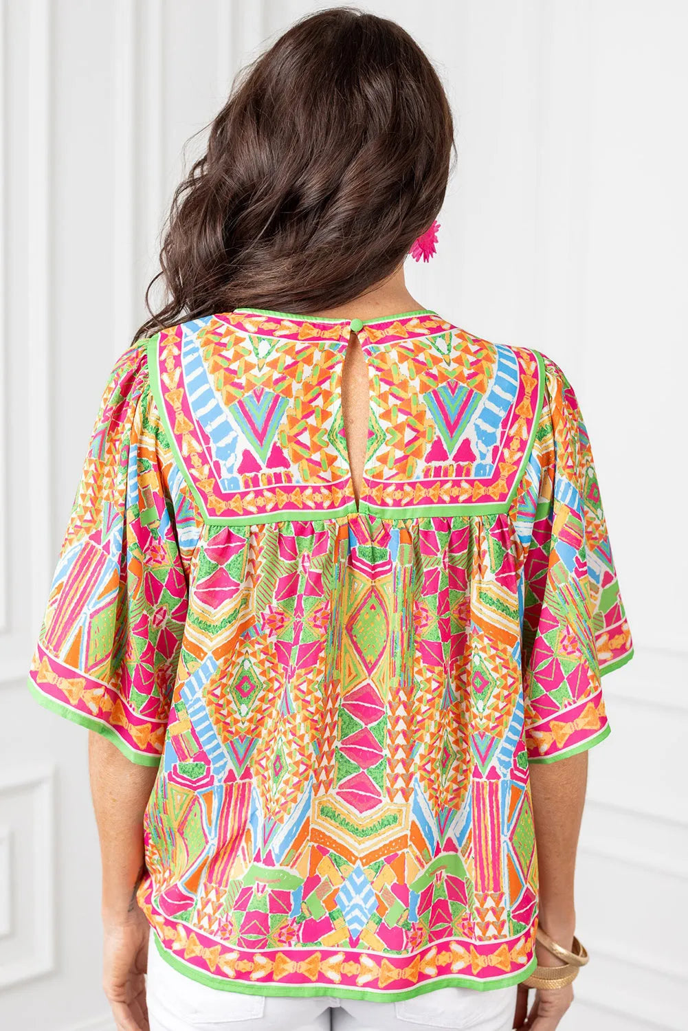 Orange Geometric Print Bell Sleeve O Neck Babydoll Blouse - Chic Meadow Boutique 