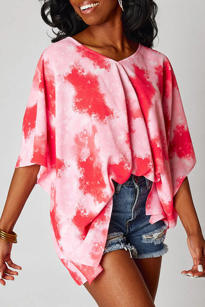 Red Plus Size Tie-dye Print 3/4 Sleeve Tunic Top - Chic Meadow Boutique 