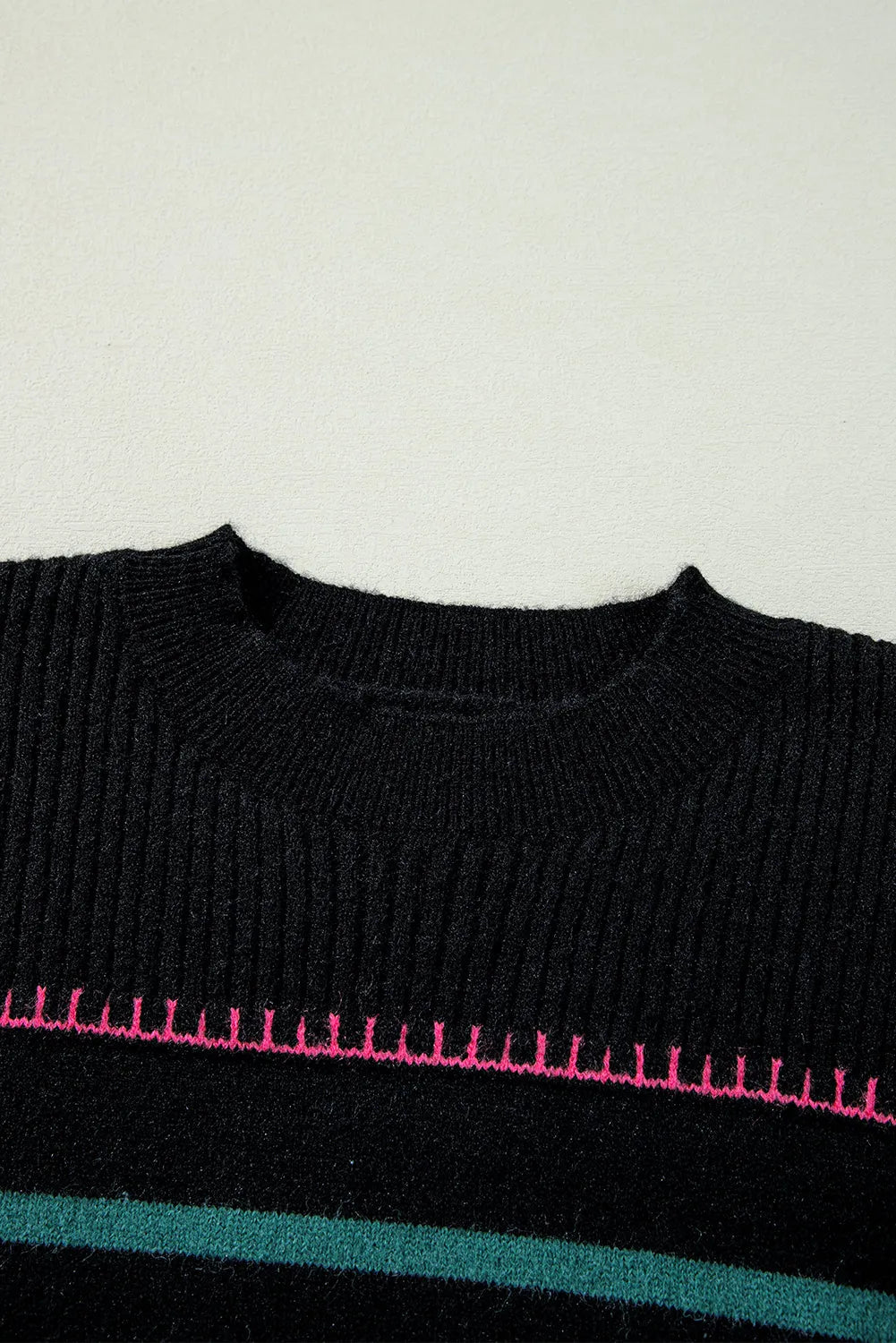 Black Colorful Striped Ribbed Trim Sweater - Chic Meadow Boutique 