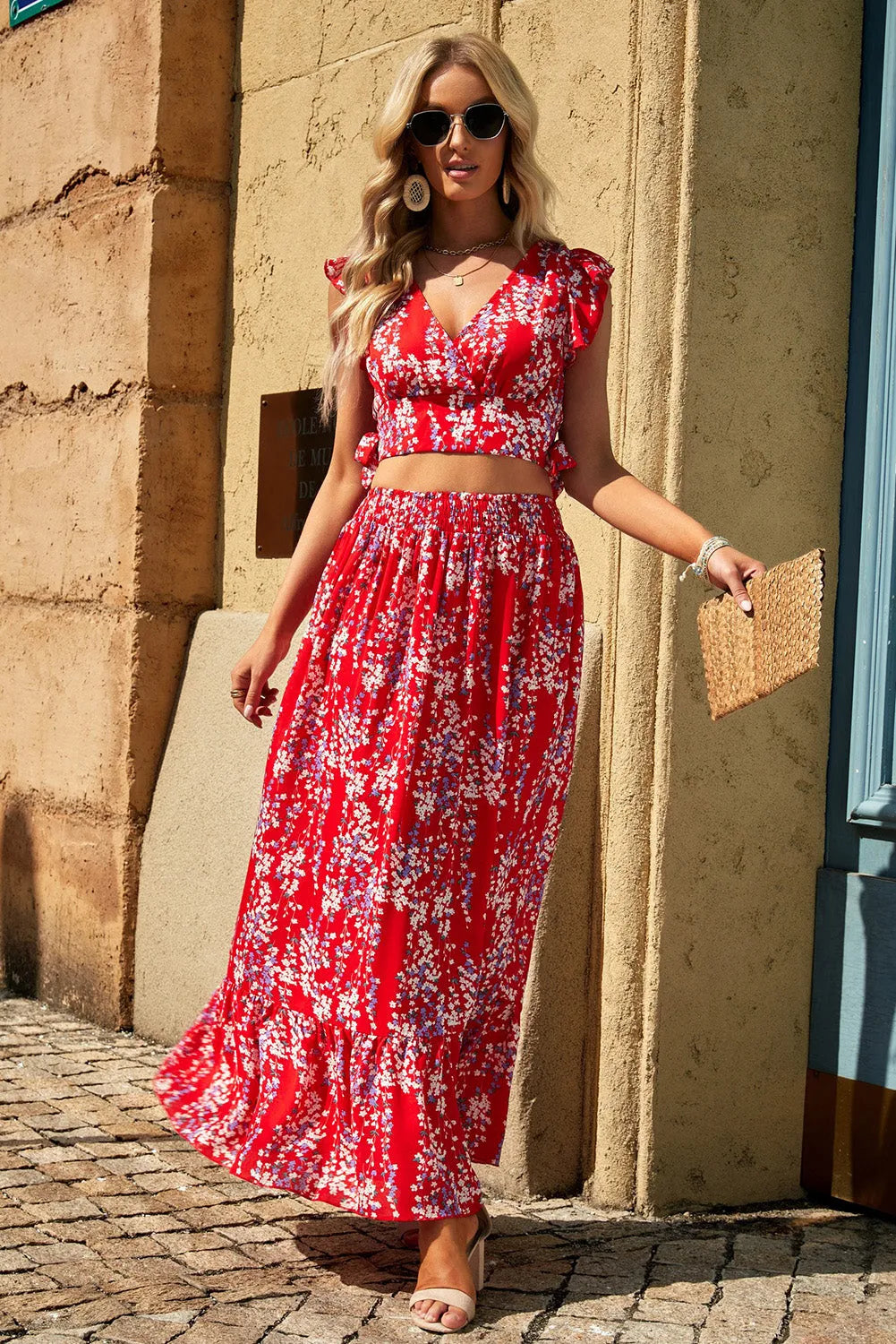 Fiery Red Multicolor Floral Ruffled Crop Top and Maxi Skirt Set - Chic Meadow Boutique 