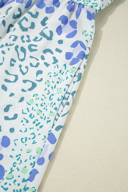 Sky Blue Leopard Contrast Bow Puff Sleeve Mini Dress