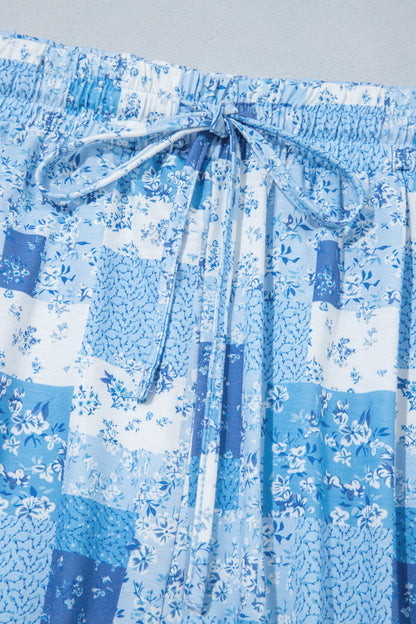 Blue Floral Patchwork V-Neck Long Sleeve Short Bottoms Plus Size Set