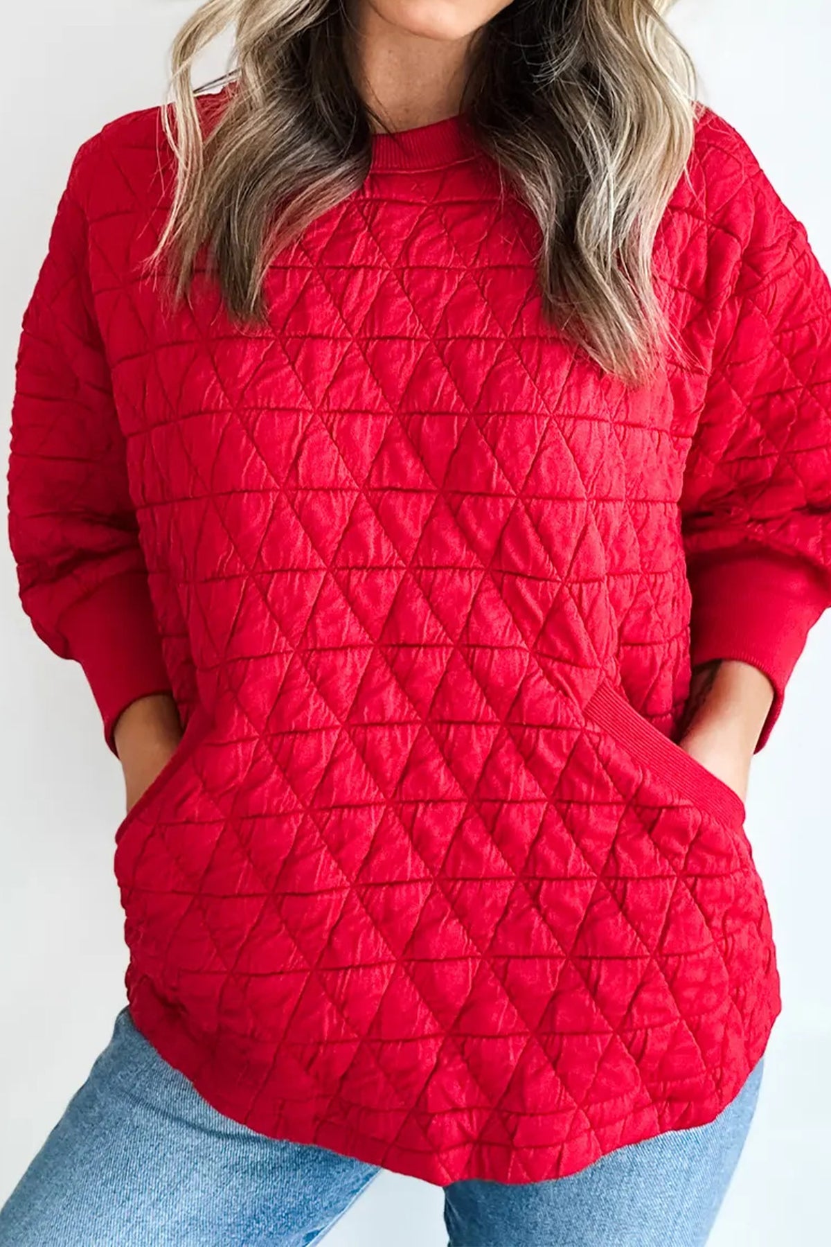 Fiery Red Quilted Diamond Pattern 3/4 Sleeve Pocketed Casual Top