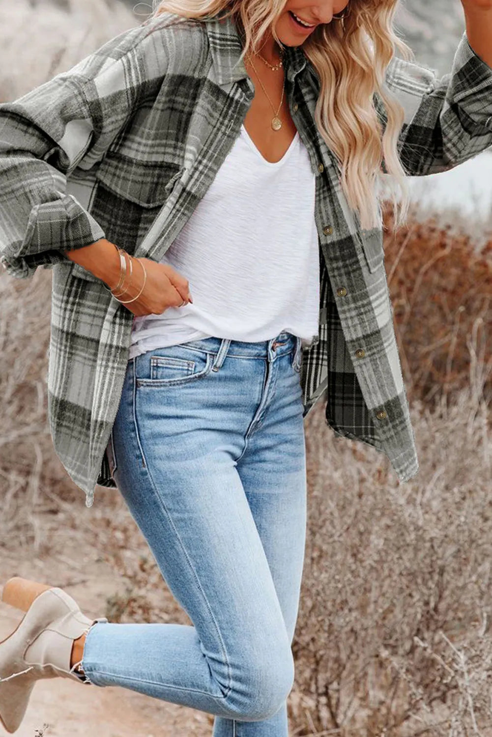 Medium Grey Plaid Flap Pockets Shacket - Chic Meadow Boutique 