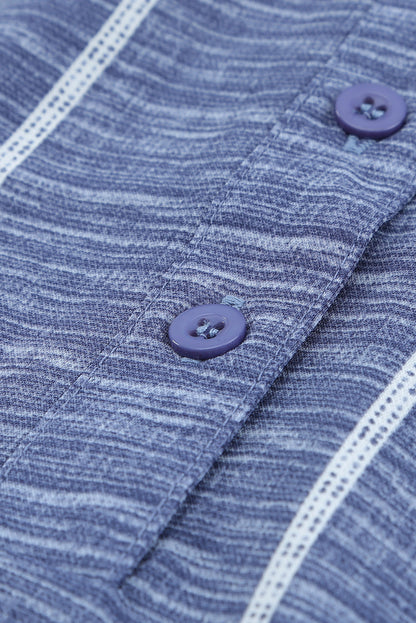 Blue Striped Print V Neck Half Buttons Loose Blouse