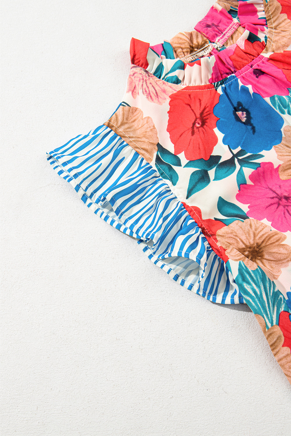 Sky Blue Floral Mock Neck Striped Flutter Sleeve Blouse