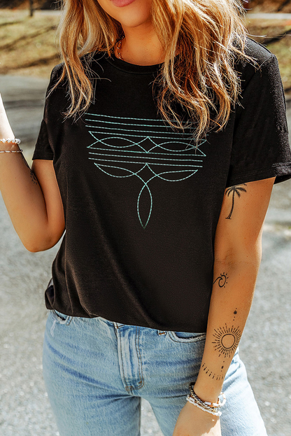 Black Western Fashion Geometric Embroidered T Shirt