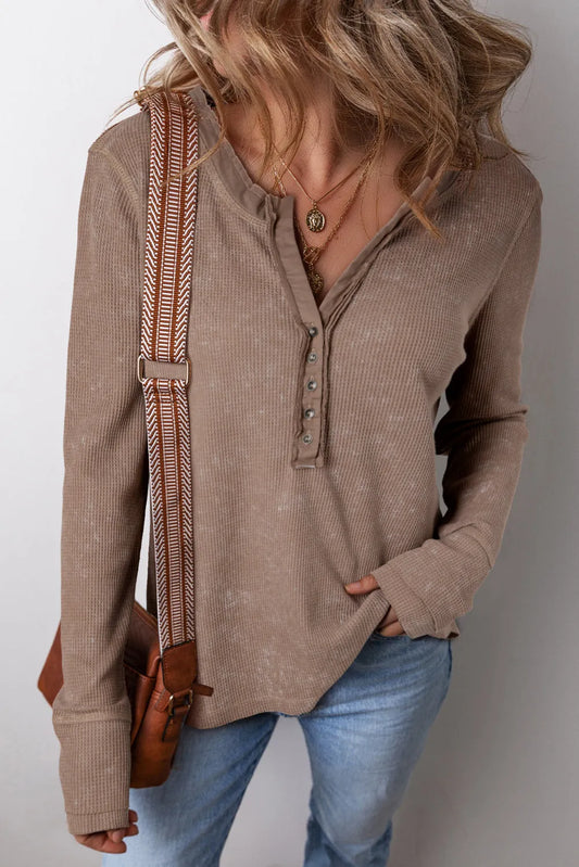 Coffee Acid Wash Waffle Knit Buttoned Neckline Long Sleeve Top - Chic Meadow Boutique 