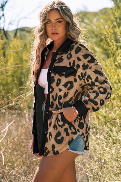 Black Contrast Trimmed Leopard Teddy Shacket - Chic Meadow Boutique 