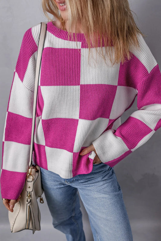 Bright Pink Checkered Round Neck Baggy Sweater - Chic Meadow Boutique 