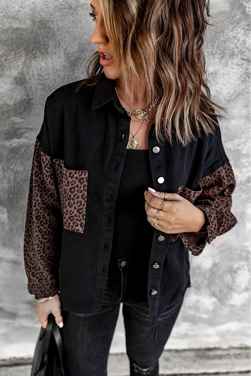 Black Contrast Leopard Denim Jacket - Chic Meadow Boutique 