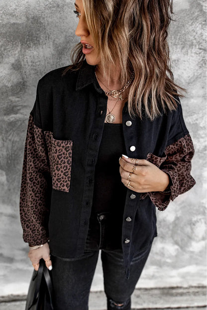 Black Contrast Leopard Denim Jacket - Chic Meadow Boutique 