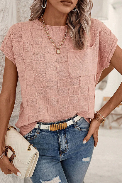 Dusty Pink Lattice Textured Knit Short Sleeve Sweater - Chic Meadow Boutique 