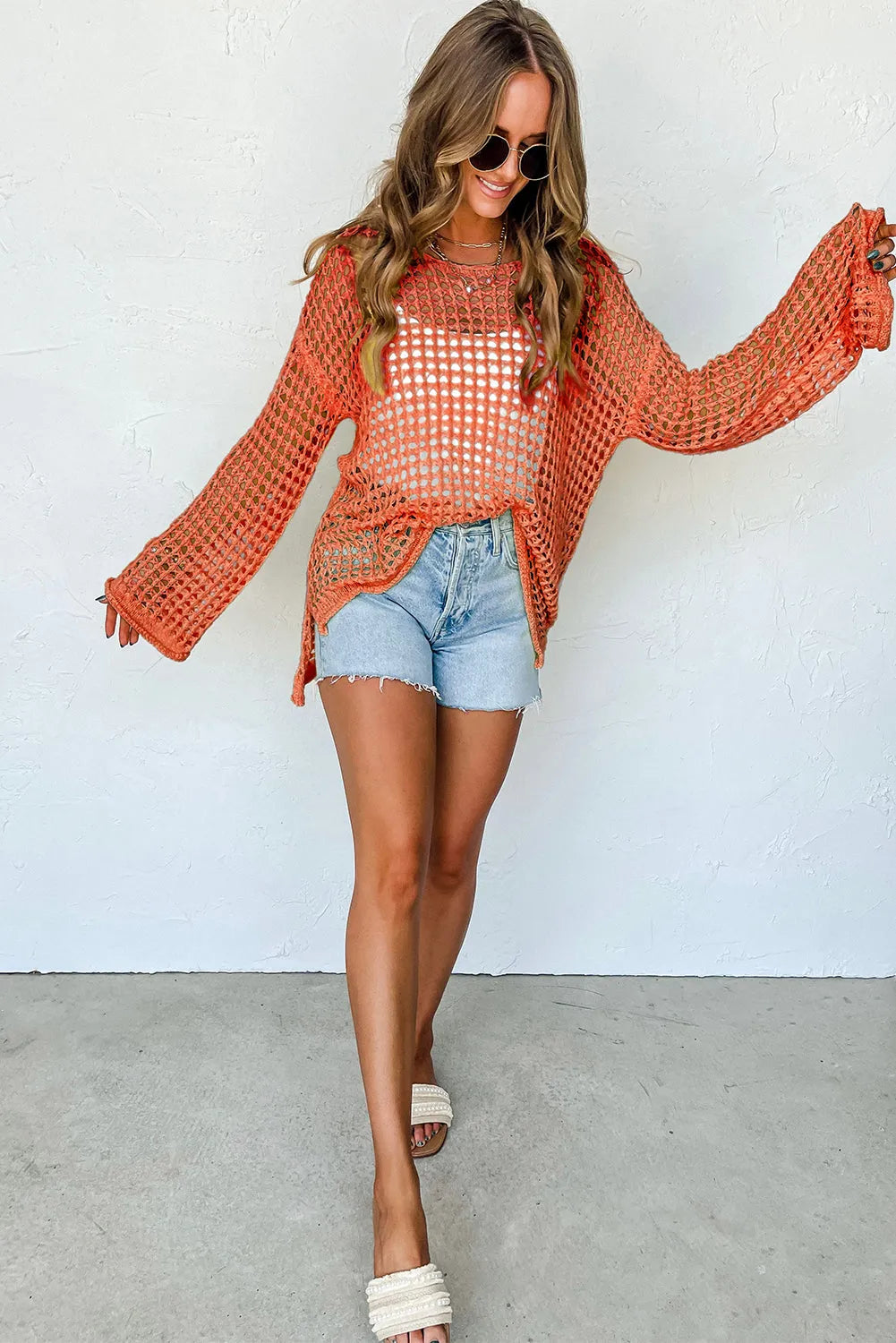 Orange Open Knit Crochet Bell Sleeve Tunic Sweater - Chic Meadow Boutique 