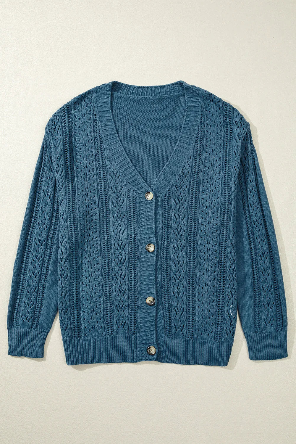 Real Teal Open Knit V Neck Button Front Drop Shoulder Plus Size Cardigan - Chic Meadow Boutique 