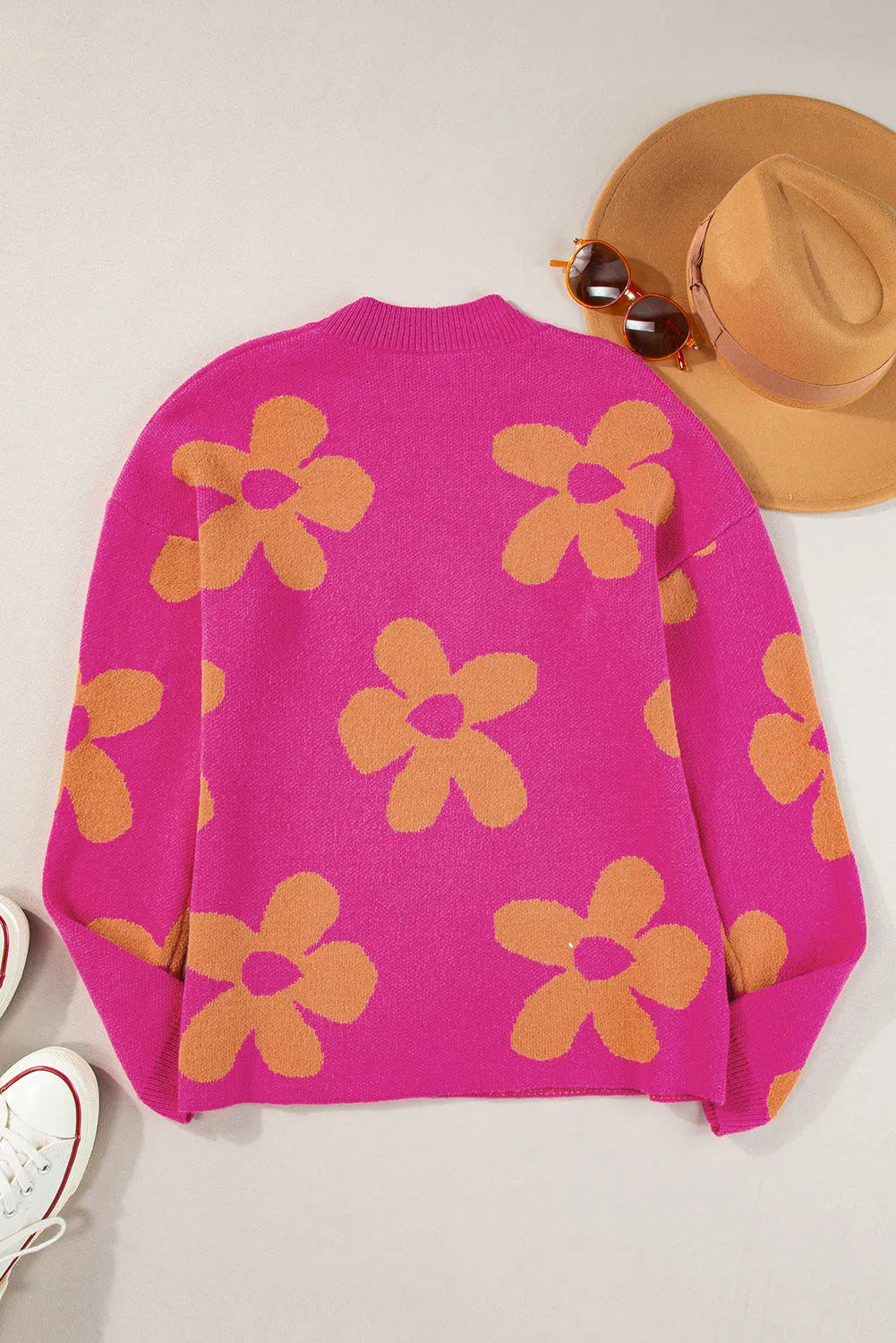 Rose Big Flower Pattern Mock Neck Long Sleeve Sweater - Chic Meadow Boutique 