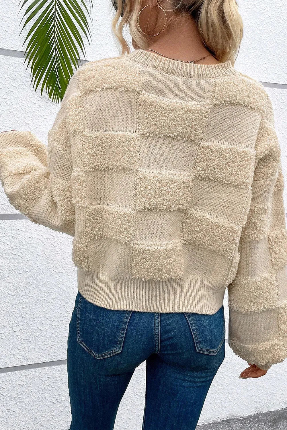 Parchment Checkered Sherpa Crew Neck Loose Sweater - Chic Meadow Boutique 