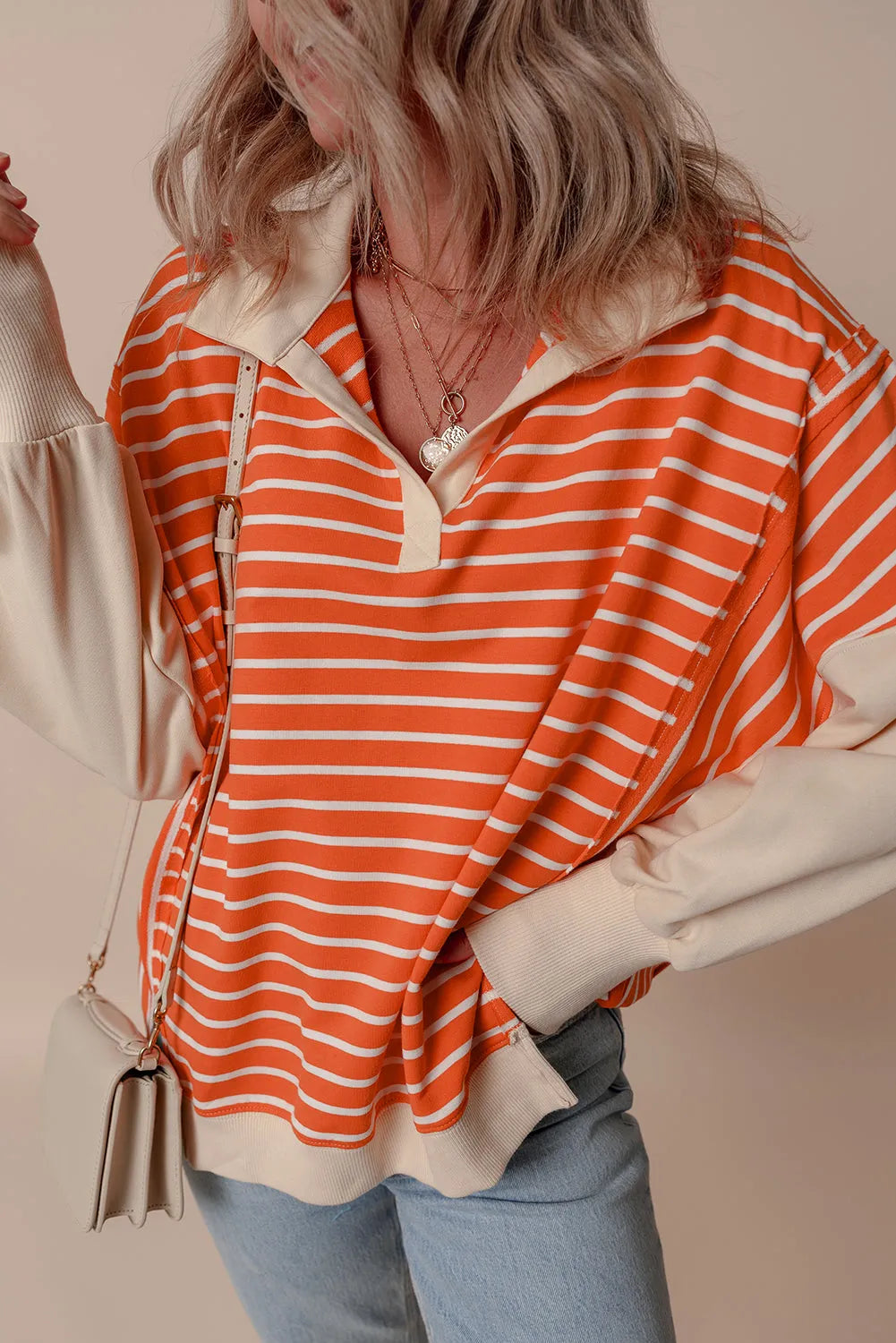 Orange Stripe Color Block Loose Fit Collared Drop Shoulder Sweatshirt - Chic Meadow Boutique 